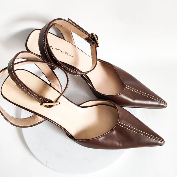 Y2K 90s Anne Klein Heels Size 9 Brown Leather Pointy Toe Ankle Strap 3" Stiletto - Picture 8 of 12